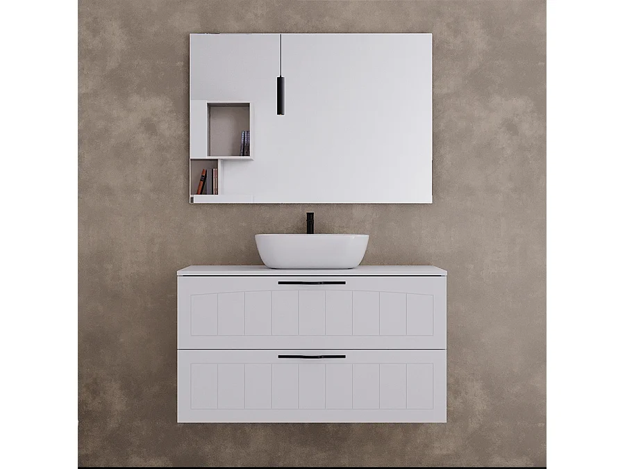 Meuble de salle de bain 100cm avec plateau et vasque à poser ovale - 2 tiroirs - blanc - PIA
