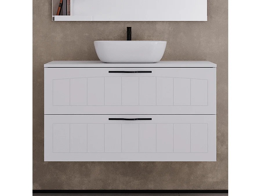 Meuble de salle de bain 100cm avec plateau et vasque à poser ovale - 2 tiroirs - blanc - PIA