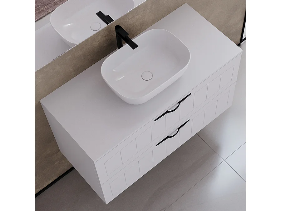 Meuble de salle de bain 100cm avec plateau et vasque à poser ovale - 2 tiroirs - blanc - PIA