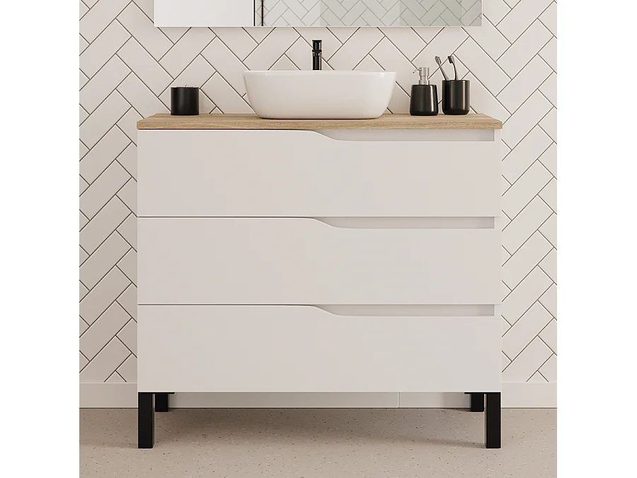 Meuble de salle de bain 90cm avec plateau miel et vasque à poser zeus - 3 tiroirs - sans miroir - blanc - MATA