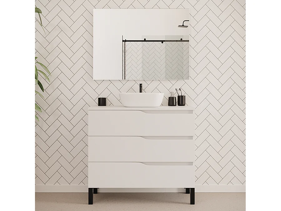 Meuble de salle de bain 90cm avec plateau miel et vasque à poser zeus - 3 tiroirs - sans miroir - blanc - MATA