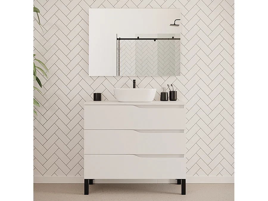 Meuble de salle de bain 90cm avec plateau miel et vasque à poser zeus - 3 tiroirs - sans miroir - blanc - MATA