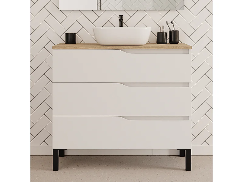 Meuble de salle de bain 90cm avec plateau miel et vasque à poser zeus - 3 tiroirs - sans miroir - blanc - MATA