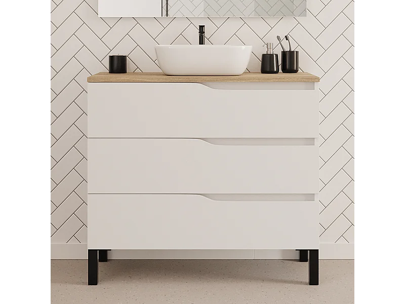 Meuble de salle de bain 90cm avec plateau miel et vasque à poser zeus - 3 tiroirs - sans miroir - blanc - MATA
