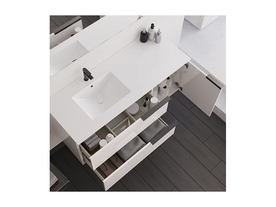 Meuble de salle de bain 120cm avec vasque déportée - 2 tiroirs - sans miroir - blanc - KING - 120cm