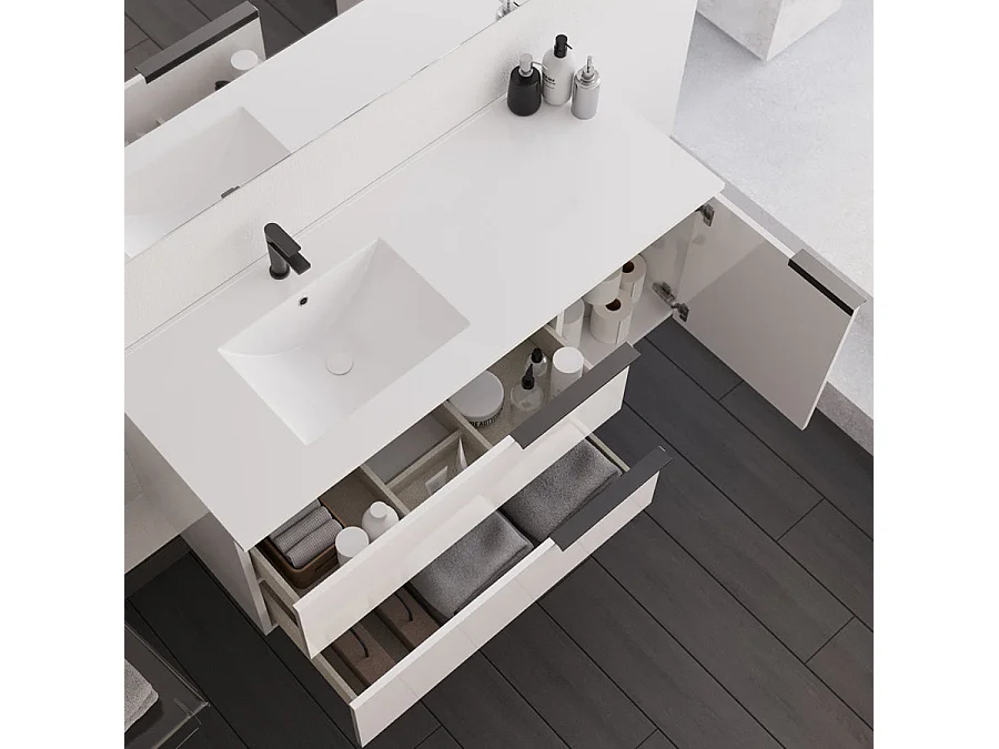 Meuble de salle de bain 120cm avec vasque déportée - 2 tiroirs - sans miroir - blanc - KING - 120cm