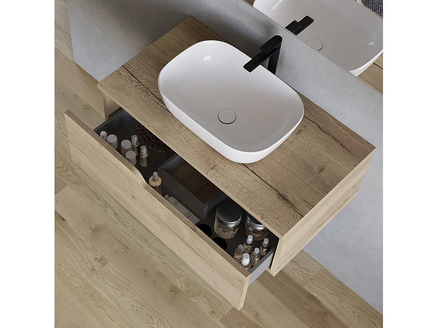 Meuble de salle de bain 80cm avec vasque à poser arrondie - 1 tiroir - madera miel (chêne clair) - CADIX