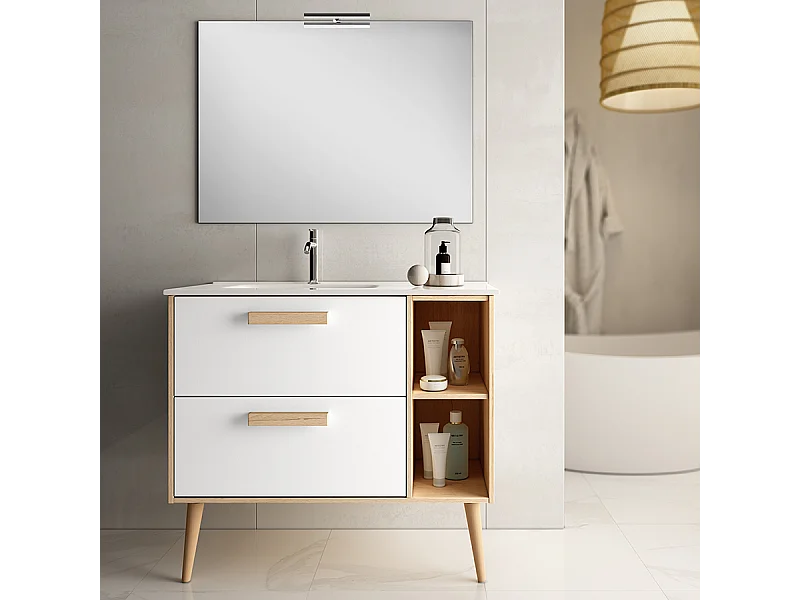 Meuble de salle de bain 80cm vasque déportée - 2 tiroirs - MALIA - blanc