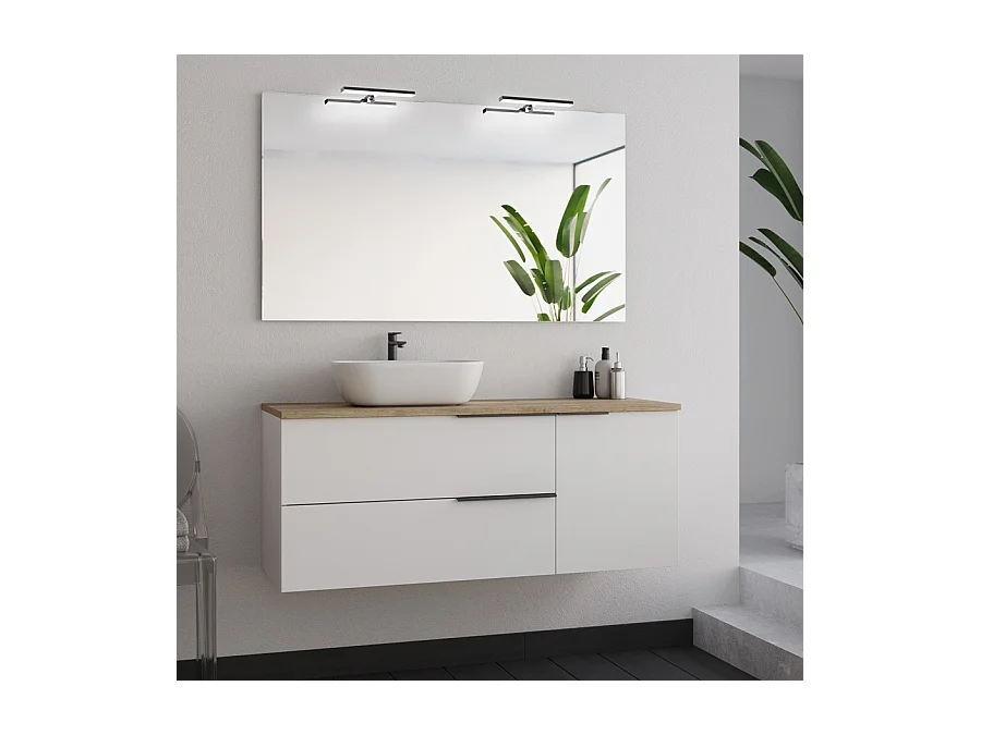 Meuble de salle de bain 120cm avec vasque à poser arrondie et miroir avec appliques - blanc - KING