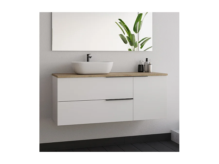 Meuble de salle de bain 120cm avec vasque à poser arrondie et miroir avec appliques - blanc - KING