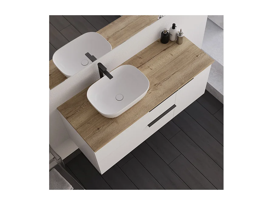 Meuble de salle de bain 120cm avec vasque à poser arrondie et miroir avec appliques - blanc - KING