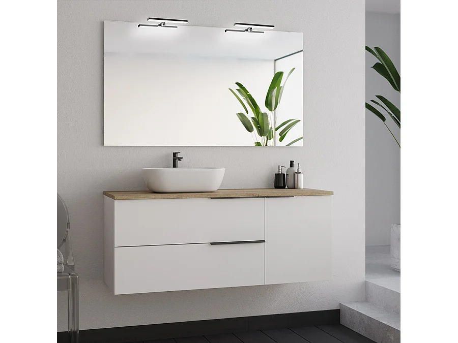 Meuble de salle de bain 120cm avec vasque à poser arrondie et miroir avec appliques - blanc - KING