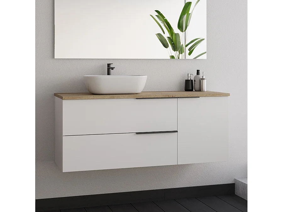 Meuble de salle de bain 120cm avec vasque à poser arrondie et miroir avec appliques - blanc - KING
