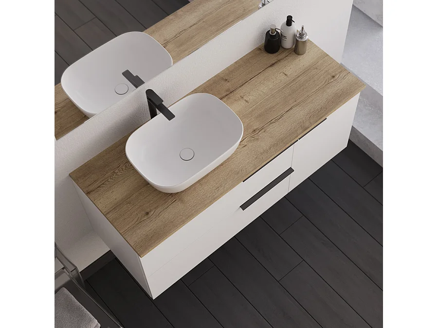 Meuble de salle de bain 120cm avec vasque à poser arrondie et miroir avec appliques - blanc - KING