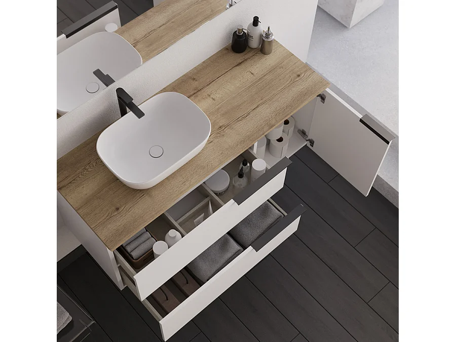 Meuble de salle de bain 120cm avec vasque à poser arrondie et miroir avec appliques - blanc - KING