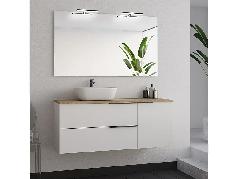 Meuble de salle de bain 120cm avec vasque à poser arrondie et miroir avec appliques - blanc - KING