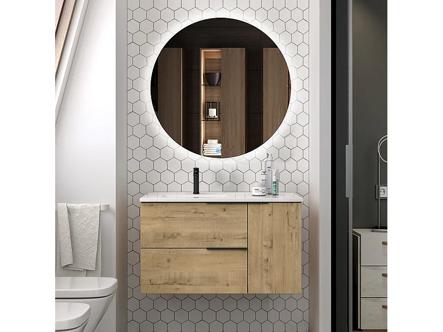 Meuble de salle de bain vasque déportée KING et miroir Led SOLEN - 80cm