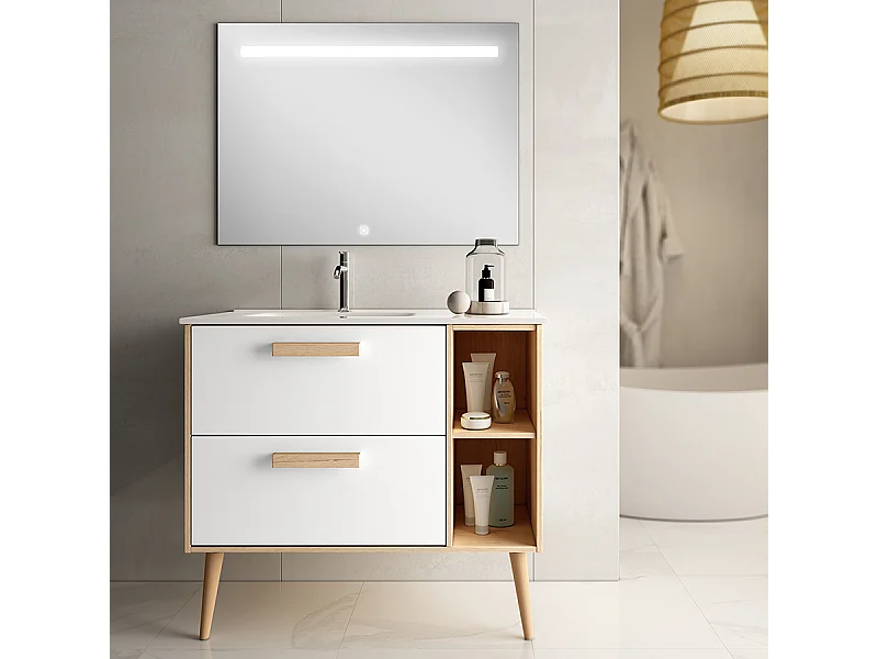 Meuble de salle de bain vasque déportée - 2 tiroirs - MALIA et miroir Led STAM - blanc - 80cm