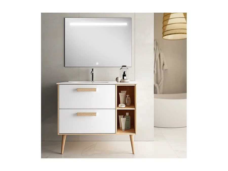 Meuble de salle de bain vasque déportée - 2 tiroirs - MALIA et miroir Led STAM - blanc - 80cm