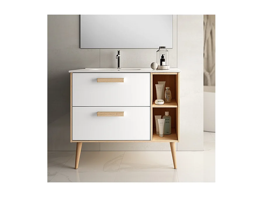 Meuble de salle de bain vasque déportée - 2 tiroirs - MALIA et miroir Led STAM - blanc - 80cm