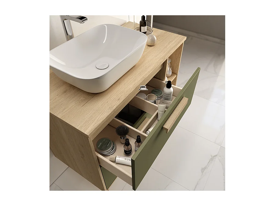 Meuble de salle de bain vasque déportée - 2 tiroirs - MALIA et miroir Led STAM - blanc - 80cm