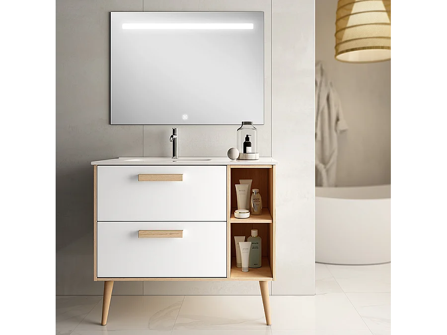 Meuble de salle de bain vasque déportée - 2 tiroirs - MALIA et miroir Led STAM - blanc - 80cm