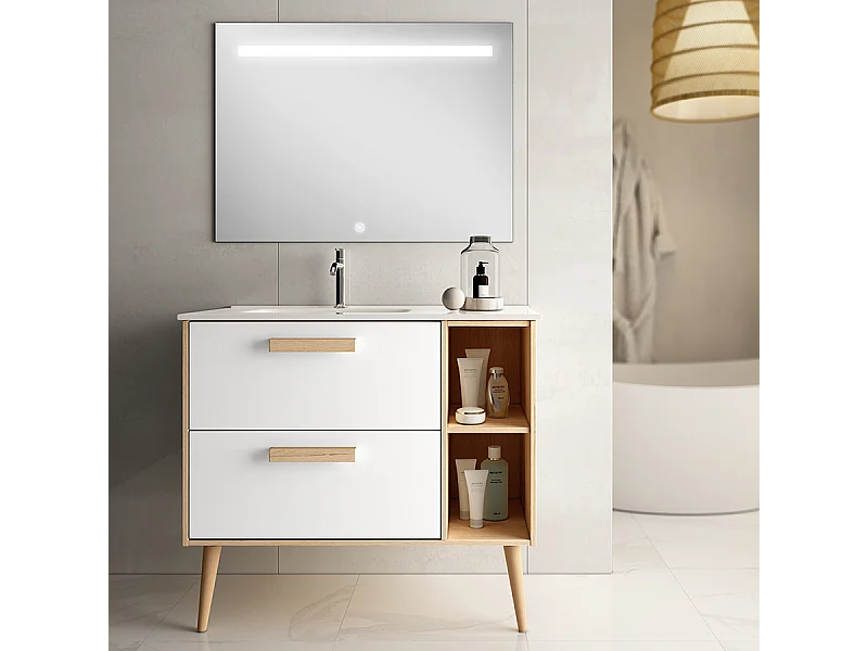 Meuble de salle de bain vasque déportée - 2 tiroirs - MALIA et miroir Led STAM - blanc - 80cm