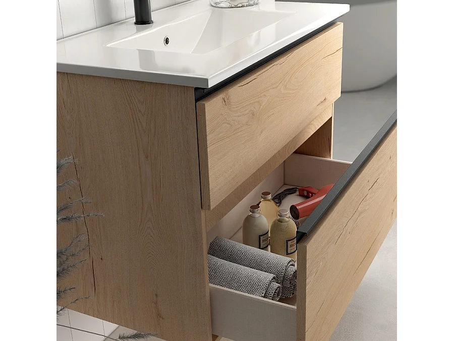 Meuble de salle de bain simple vasque - 2 tiroirs - CREMA et miroir Led STAM - 80cm