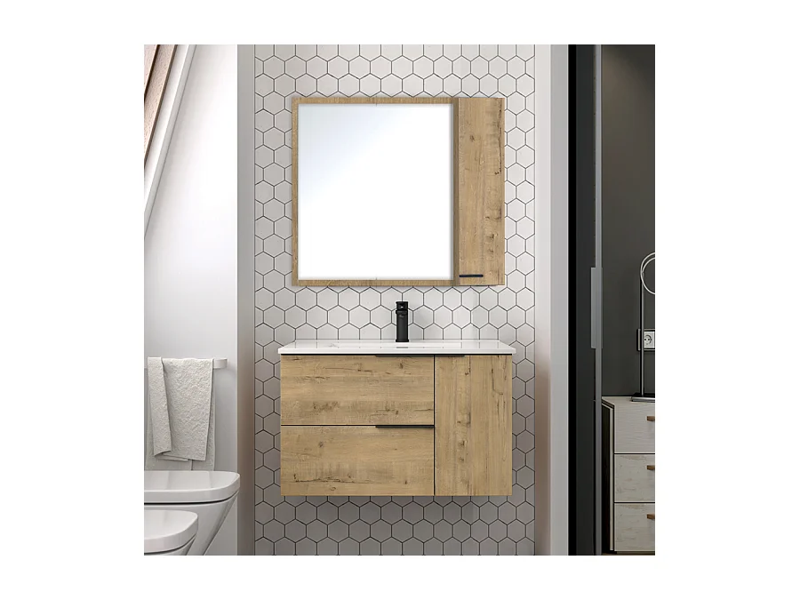Meuble de salle de bain 80cm vasque centrée - 2 tiroirs - KING - Roble (chêne clair)