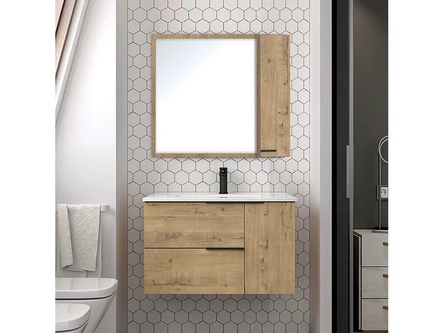 Meuble de salle de bain 80cm vasque centrée - 2 tiroirs - KING - Roble (chêne clair)