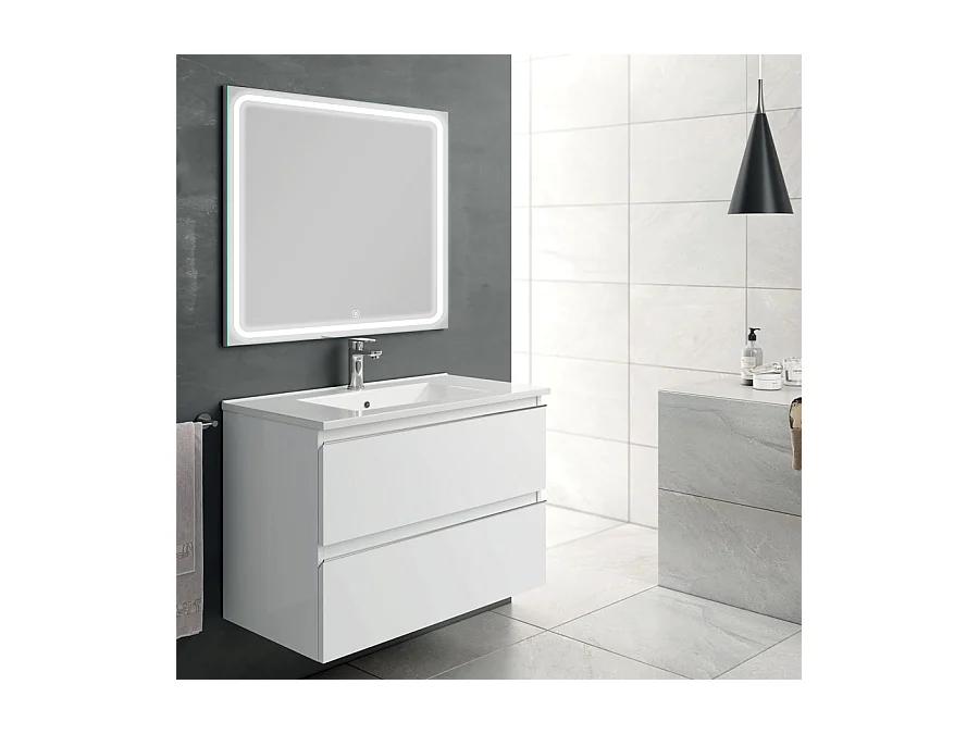 Meuble de salle de bain simple vasque - 2 tiroirs - BALEA et miroir Led VELDI - blanc - 60cm