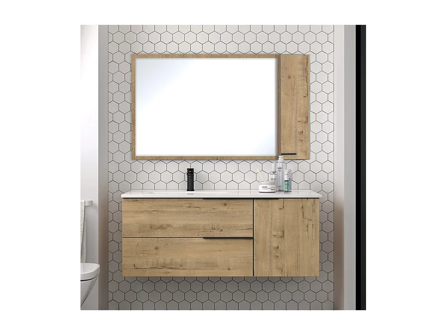 Meuble de salle de bain 100 cm vasque déportée - 2 tiroirs - miroir avec armoirette - roble (chêne clair) - KING