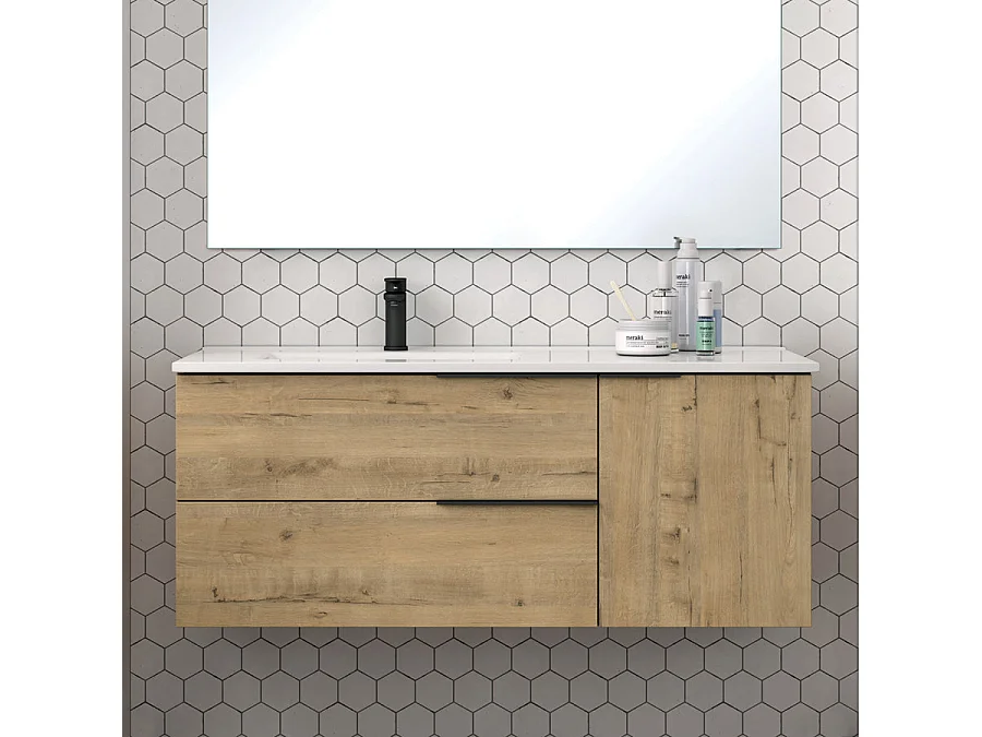 Meuble de salle de bain 100 cm vasque déportée - 2 tiroirs - miroir avec armoirette - roble (chêne clair) - KING