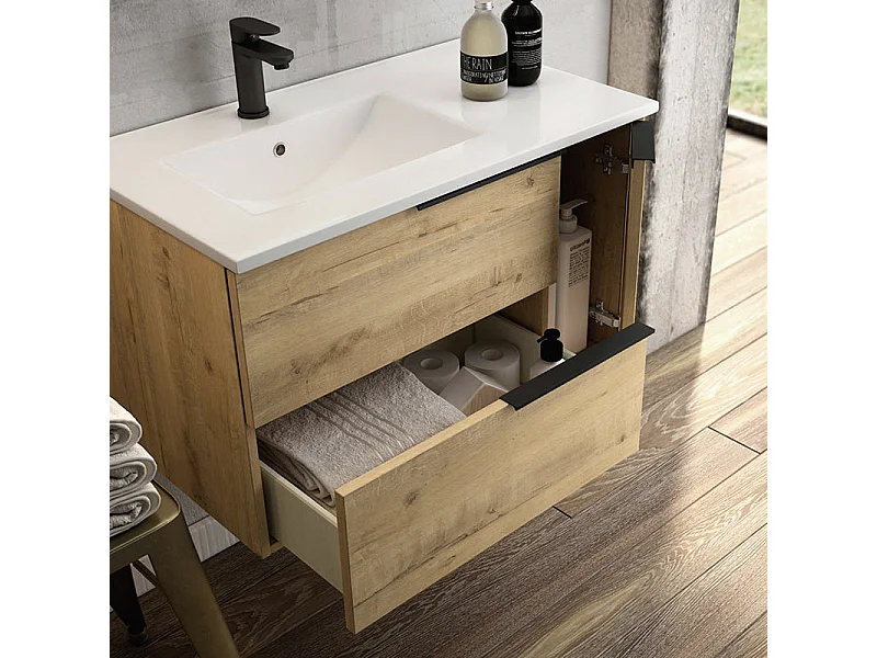 Meuble de salle de bain 100 cm vasque déportée - 2 tiroirs - miroir avec armoirette - roble (chêne clair) - KING