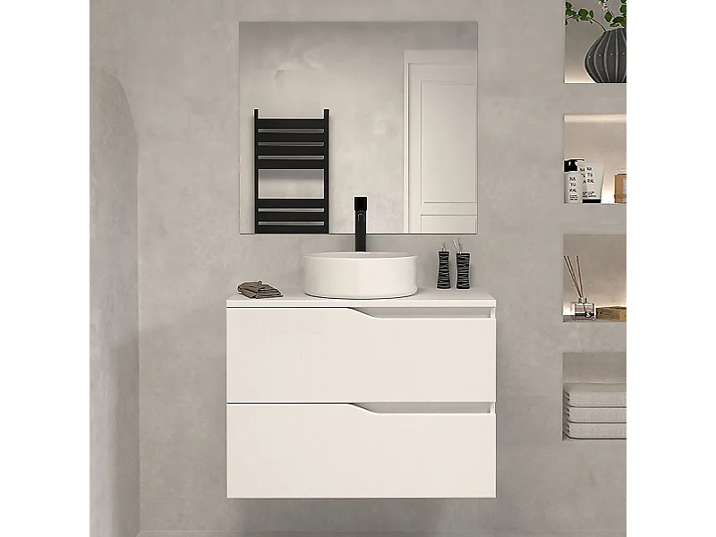 Meuble de salle de bain 70cm avec plateau et vasque à poser - 2 tiroirs - blanc - LUNA