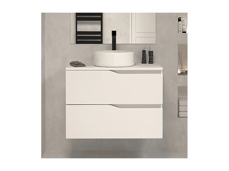 Meuble de salle de bain 70cm avec plateau et vasque à poser - 2 tiroirs - blanc - LUNA