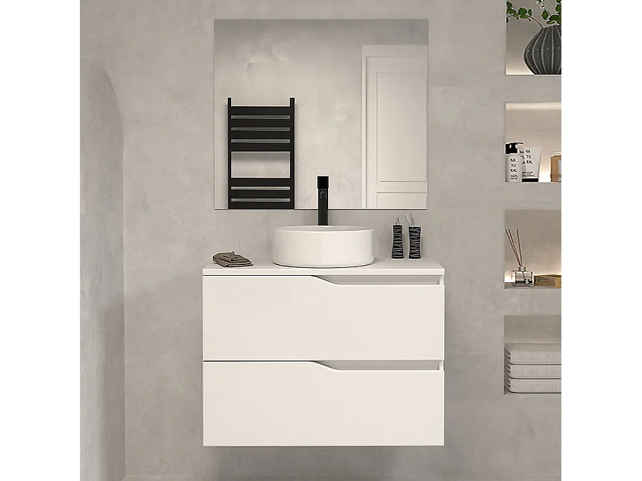 Meuble de salle de bain 70cm avec plateau et vasque à poser - 2 tiroirs - blanc - LUNA