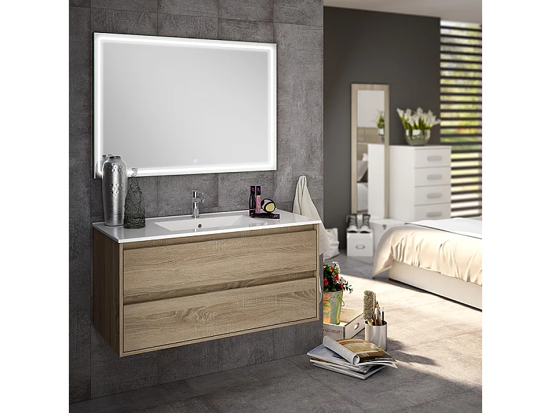 Meuble de salle de bain simple vasque - 2 tiroirs - IRIS et miroir Led VELDI - cambrian (chêne) - 100cm
