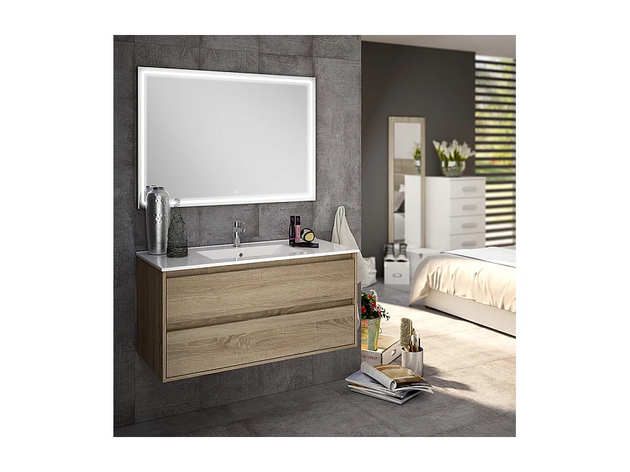Meuble de salle de bain simple vasque - 2 tiroirs - IRIS et miroir Led VELDI - cambrian (chêne) - 100cm