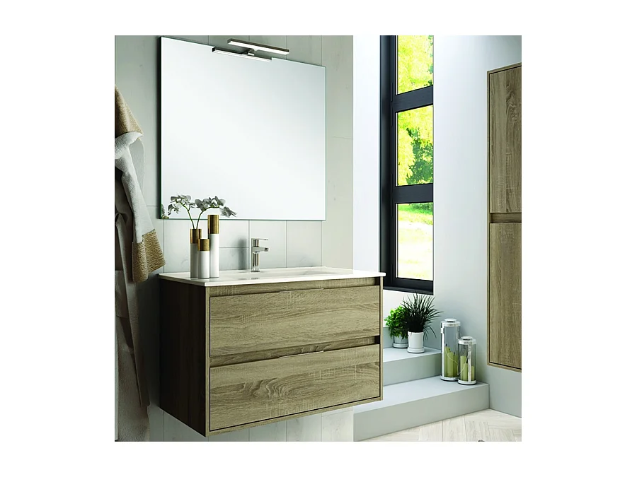 Meuble de salle de bain simple vasque - 2 tiroirs - IRIS et miroir Led VELDI - cambrian (chêne) - 100cm
