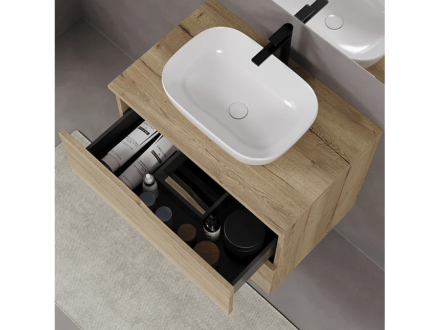Meuble de salle de bain 80cm avec plateau et vasque à poser zeus - 2 tiroirs - madera miel (chêne clair) - LUNA