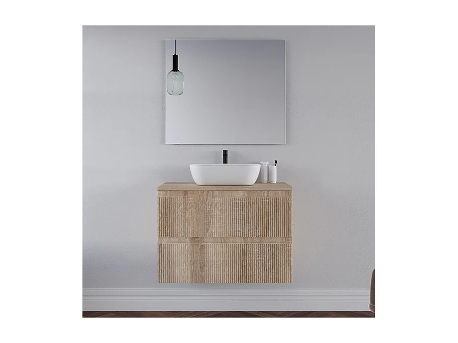 Meuble de salle de bain 80cm avec plateau cambrian et vasque à poser arrondie - 2 tiroirs - blanc - RIBERA