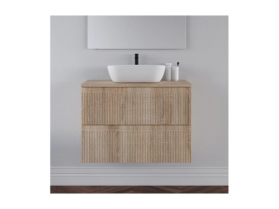 Meuble de salle de bain 80cm avec plateau cambrian et vasque à poser arrondie - 2 tiroirs - blanc - RIBERA