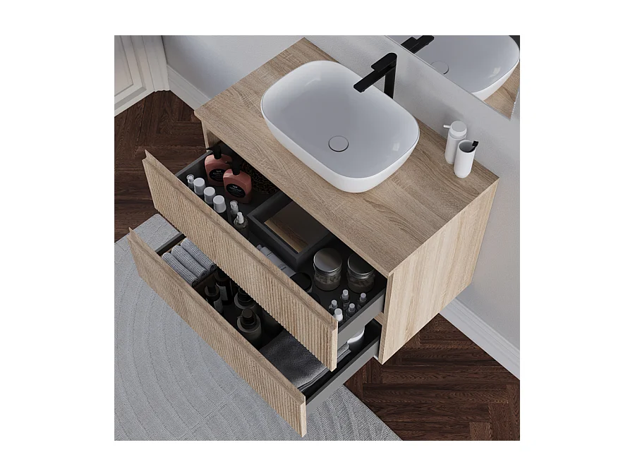 Meuble de salle de bain 80cm avec plateau cambrian et vasque à poser arrondie - 2 tiroirs - blanc - RIBERA