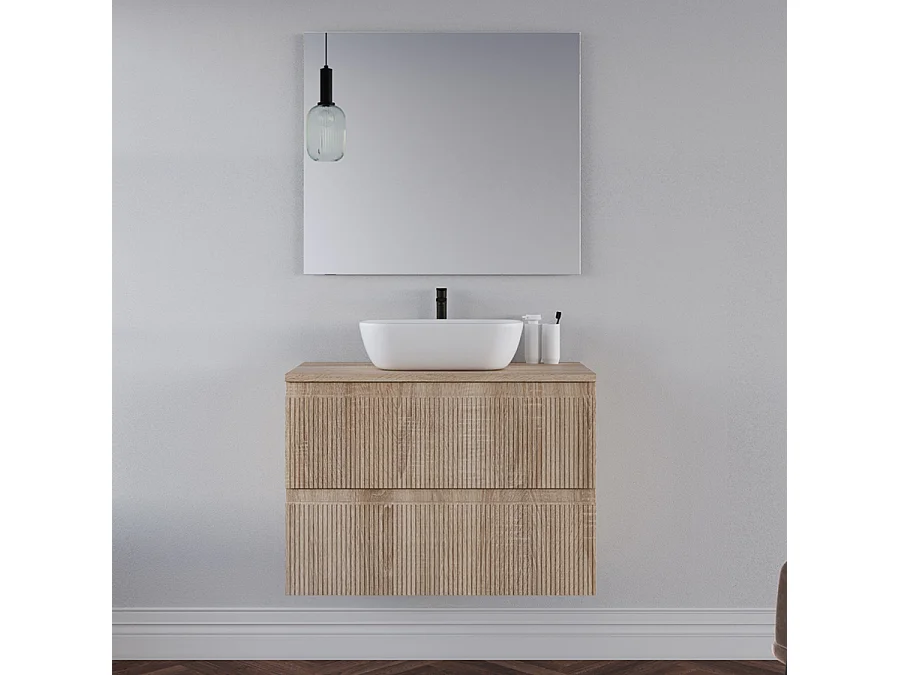 Meuble de salle de bain 80cm avec plateau cambrian et vasque à poser arrondie - 2 tiroirs - blanc - RIBERA