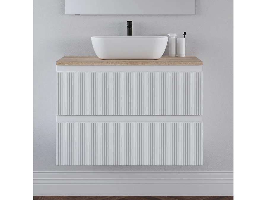 Meuble de salle de bain 80cm avec plateau cambrian et vasque à poser arrondie - 2 tiroirs - blanc - RIBERA