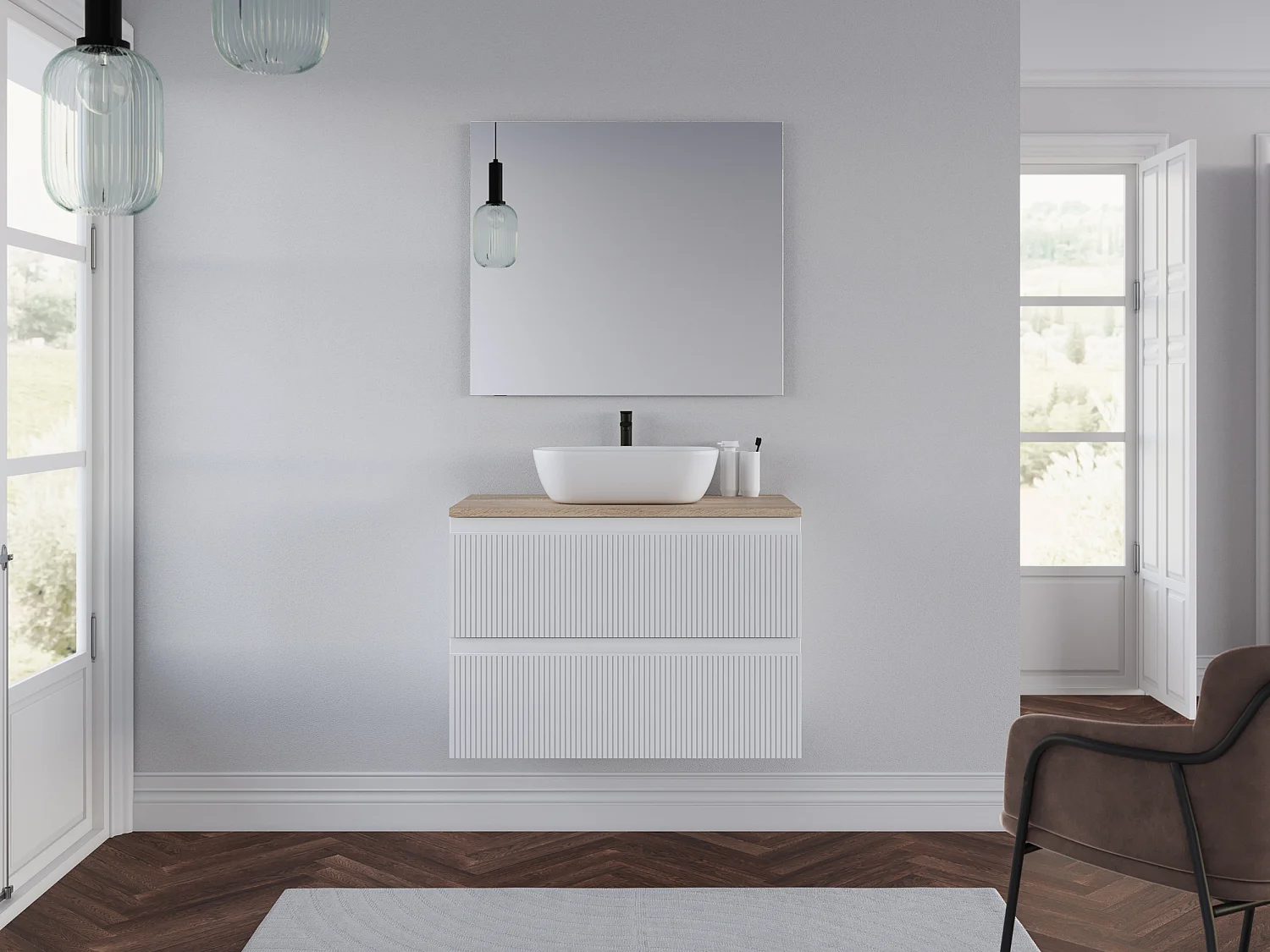 Meuble de salle de bain 80cm avec plateau cambrian et vasque à poser arrondie - 2 tiroirs - blanc - RIBERA