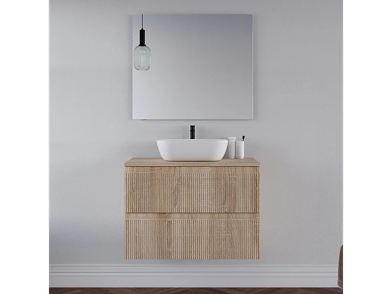 Meuble de salle de bain 80cm avec plateau cambrian et vasque à poser arrondie - 2 tiroirs - blanc - RIBERA