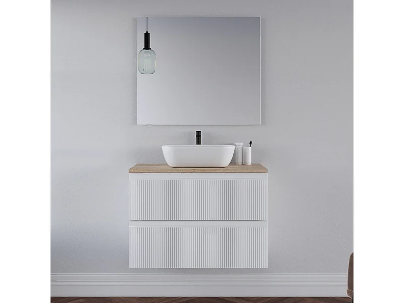 Meuble de salle de bain 80cm avec plateau cambrian et vasque à poser arrondie - 2 tiroirs - blanc - RIBERA