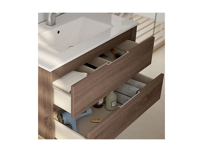 Meuble de salle de bain simple vasque - 3 tiroirs - TIRIS 3C et miroir rond Led SOLEN - britannia (chêne foncé) - 80cm